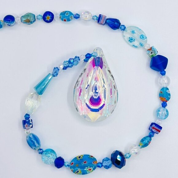 Beaded Suncatcher - Blue - Clear Crystal Prism - Indoor Outdoor Hanging Decor - Picture 1 of 14